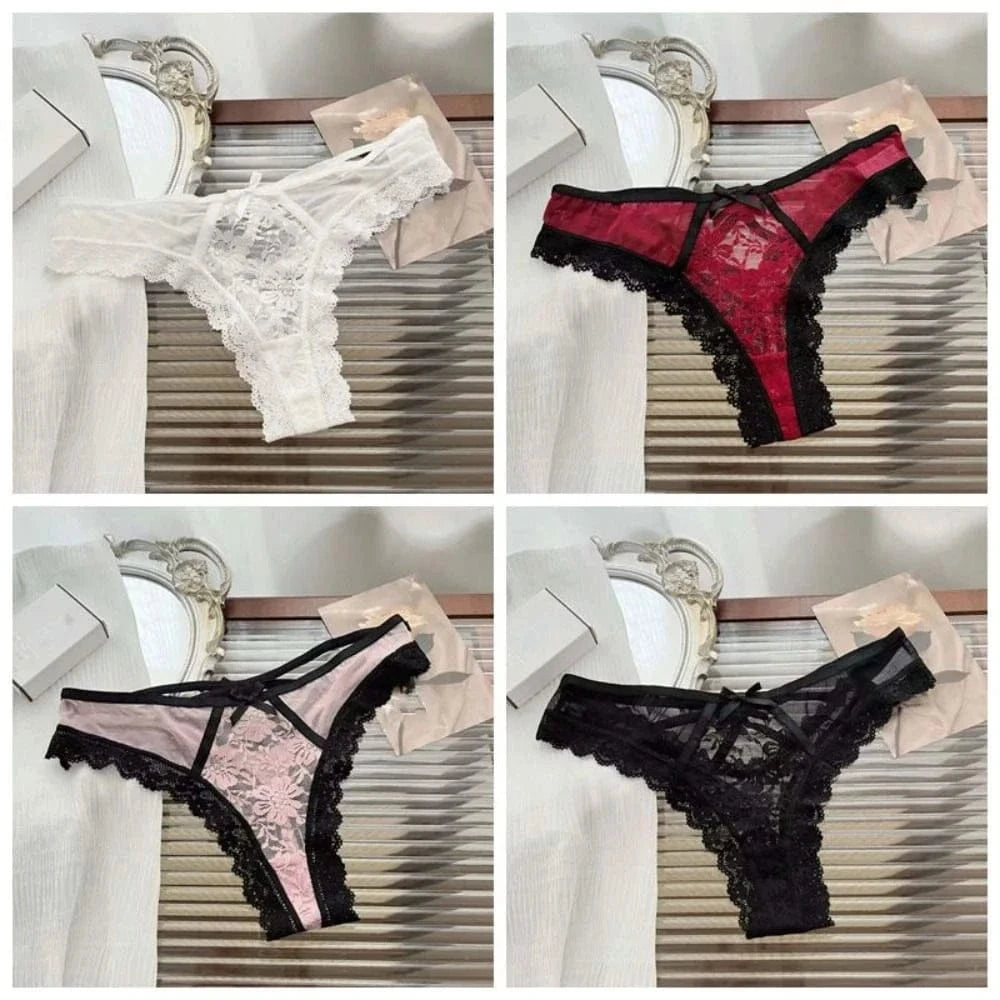 Breathable Patchwork Mesh Floral Bowknot Panties Ruffle Thong Lace Flower Transparent Briefs Low Waist Hollow Out Lady - A-1 Thread Vault