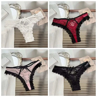 Breathable Patchwork Mesh Floral Bowknot Panties Ruffle Thong Lace Flower Transparent Briefs Low Waist Hollow Out Lady - A-1 Thread Vault