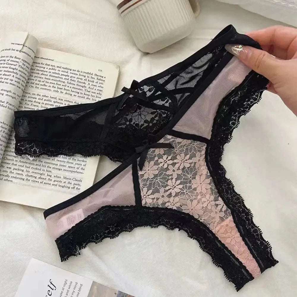 Breathable Patchwork Mesh Floral Bowknot Panties Ruffle Thong Lace Flower Transparent Briefs Low Waist Hollow Out Lady - A-1 Thread Vault