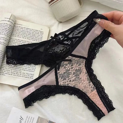 Breathable Patchwork Mesh Floral Bowknot Panties Ruffle Thong Lace Flower Transparent Briefs Low Waist Hollow Out Lady - A-1 Thread Vault