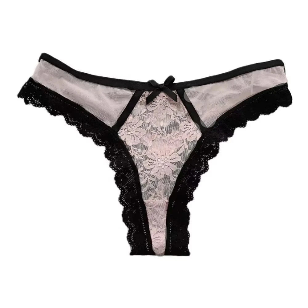 Breathable Patchwork Mesh Floral Bowknot Panties Ruffle Thong Lace Flower Transparent Briefs Low Waist Hollow Out Lady - A-1 Thread Vault