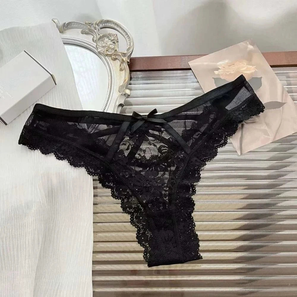 Breathable Patchwork Mesh Floral Bowknot Panties Ruffle Thong Lace Flower Transparent Briefs Low Waist Hollow Out Lady - A-1 Thread Vault