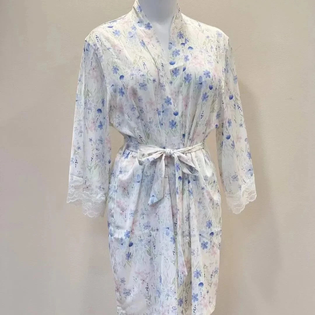 Bridal Kimono Robes Only Beautiful Sexy Pajamas Women's Bathrobe Pure French High Quality Nightgown Lace Mesh Bow Dressing Gowns - A-1 Thread Vault