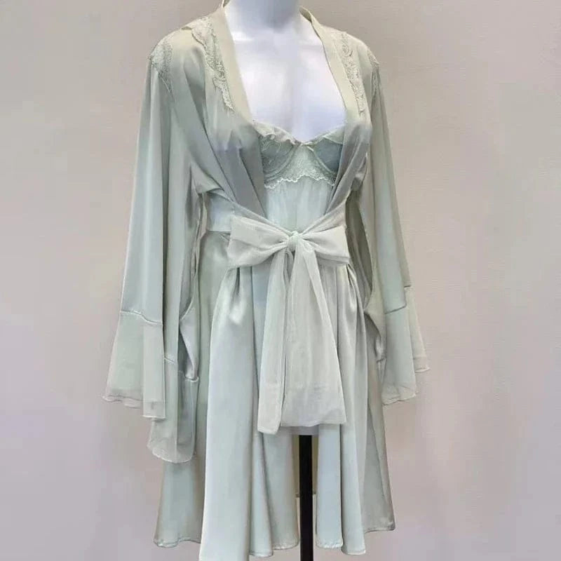 Bridal Kimono Robes Only Beautiful Sexy Pajamas Women's Bathrobe Pure French High Quality Nightgown Lace Mesh Bow Dressing Gowns - A-1 Thread Vault