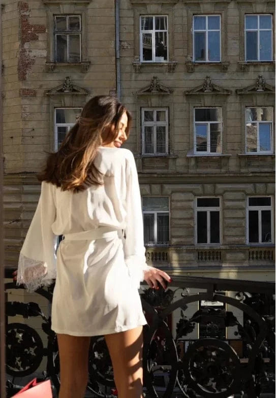 Bridal White Satin Robe , Bride Robe with Lace Sleeves , White Boudoir Robe , Kimono Silk Robe with Lace Sleeves Bridesmaid Robe - A-1 Thread Vault