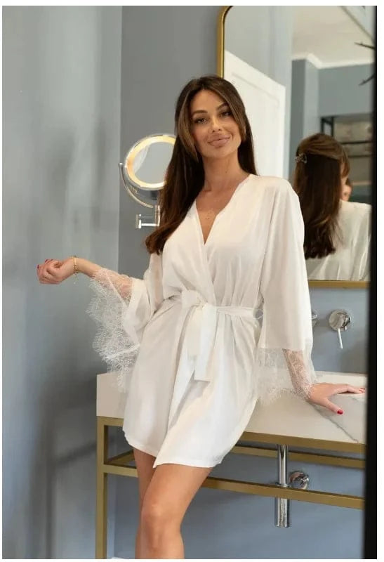 Bridal White Satin Robe , Bride Robe with Lace Sleeves , White Boudoir Robe , Kimono Silk Robe with Lace Sleeves Bridesmaid Robe - A-1 Thread Vault