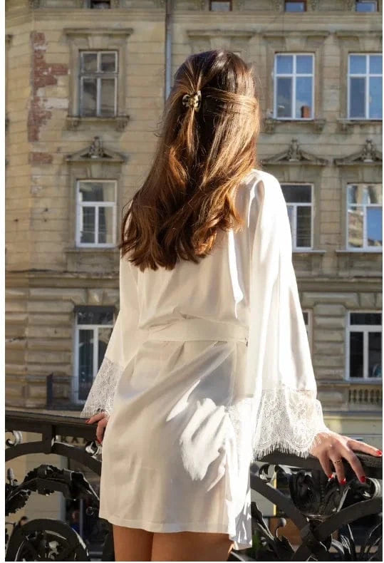 Bridal White Satin Robe , Bride Robe with Lace Sleeves , White Boudoir Robe , Kimono Silk Robe with Lace Sleeves Bridesmaid Robe - A-1 Thread Vault