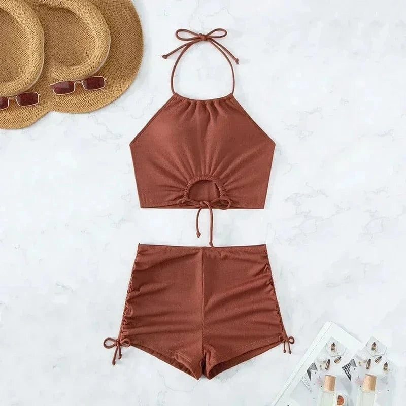 Brown Ribbed Swimwear Shorts Swimsuits Women Halter Bikinis Sets String Drawstring Bathing Suit Beachwear Sexy Bikini 2026 Mujer - A-1 Thread Vault