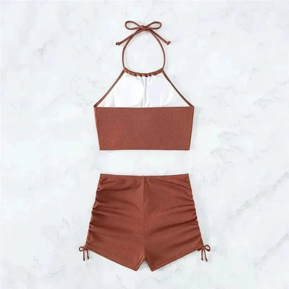 Brown Ribbed Swimwear Shorts Swimsuits Women Halter Bikinis Sets String Drawstring Bathing Suit Beachwear Sexy Bikini 2026 Mujer - A-1 Thread Vault