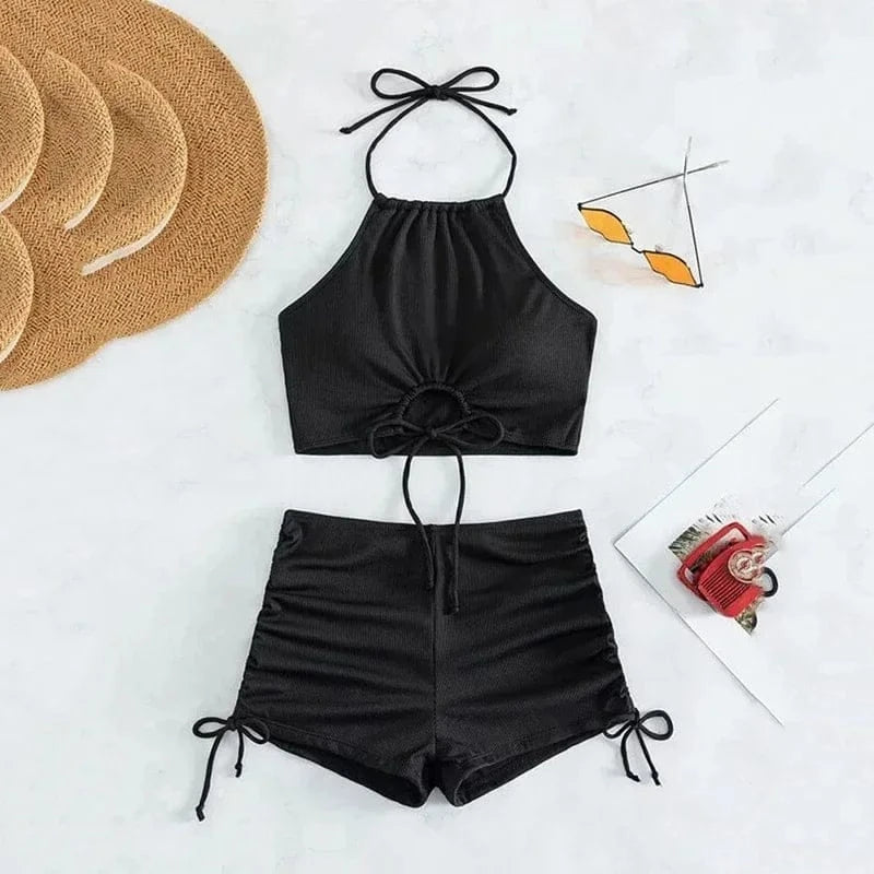 Brown Ribbed Swimwear Shorts Swimsuits Women Halter Bikinis Sets String Drawstring Bathing Suit Beachwear Sexy Bikini 2026 Mujer - A-1 Thread Vault