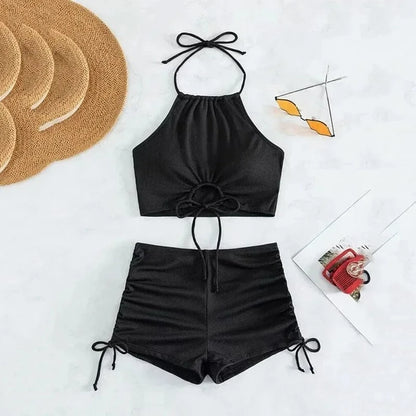 Brown Ribbed Swimwear Shorts Swimsuits Women Halter Bikinis Sets String Drawstring Bathing Suit Beachwear Sexy Bikini 2026 Mujer - A-1 Thread Vault