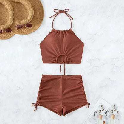 Brown Ribbed Swimwear Shorts Swimsuits Women Halter Bikinis Sets String Drawstring Bathing Suit Beachwear Sexy Bikini 2026 Mujer - A-1 Thread Vault