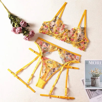 Brskbzda Lingerie Sensual Lace Underwear Transparent Embroidery 3-Piece Garters Fancy Beautiful Short Skin Care Kits Intimate - A-1 Thread Vault