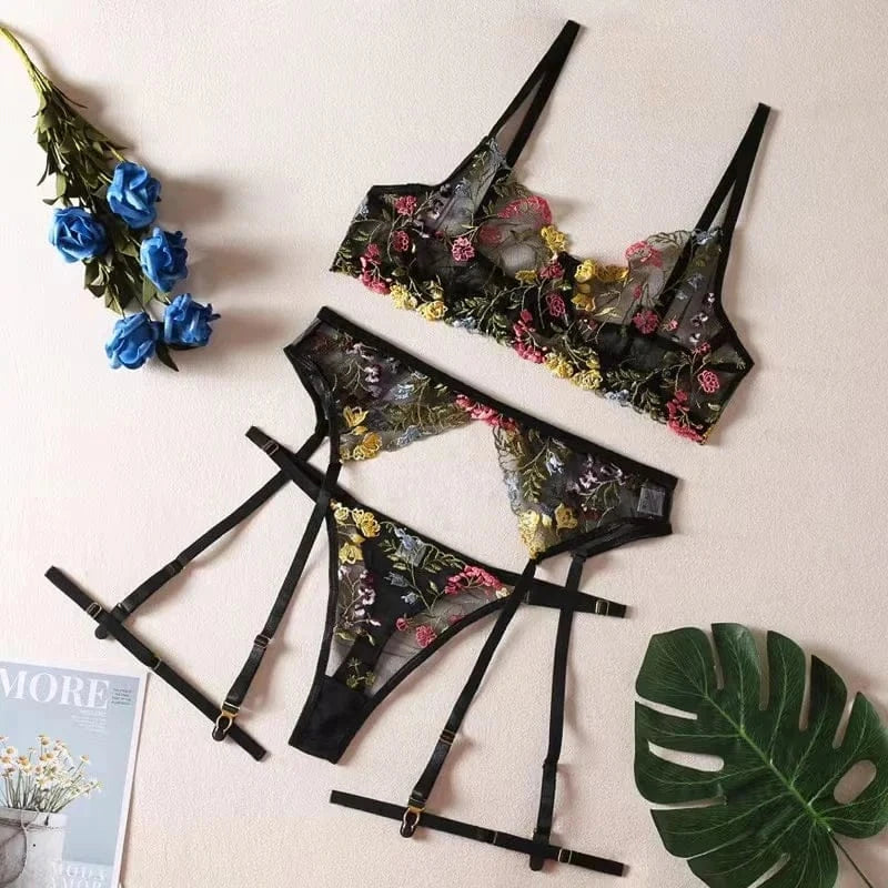 Brskbzda Lingerie Sensual Lace Underwear Transparent Embroidery 3-Piece Garters Fancy Beautiful Short Skin Care Kits Intimate - A-1 Thread Vault