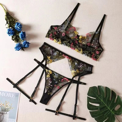 Brskbzda Lingerie Sensual Lace Underwear Transparent Embroidery 3-Piece Garters Fancy Beautiful Short Skin Care Kits Intimate - A-1 Thread Vault