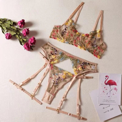 Brskbzda Lingerie Sensual Lace Underwear Transparent Embroidery 3-Piece Garters Fancy Beautiful Short Skin Care Kits Intimate - A-1 Thread Vault