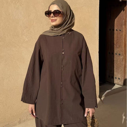 Button-Front Longline Top & Wide-Leg Trouser Set(MS456) - A-1 Thread Vault