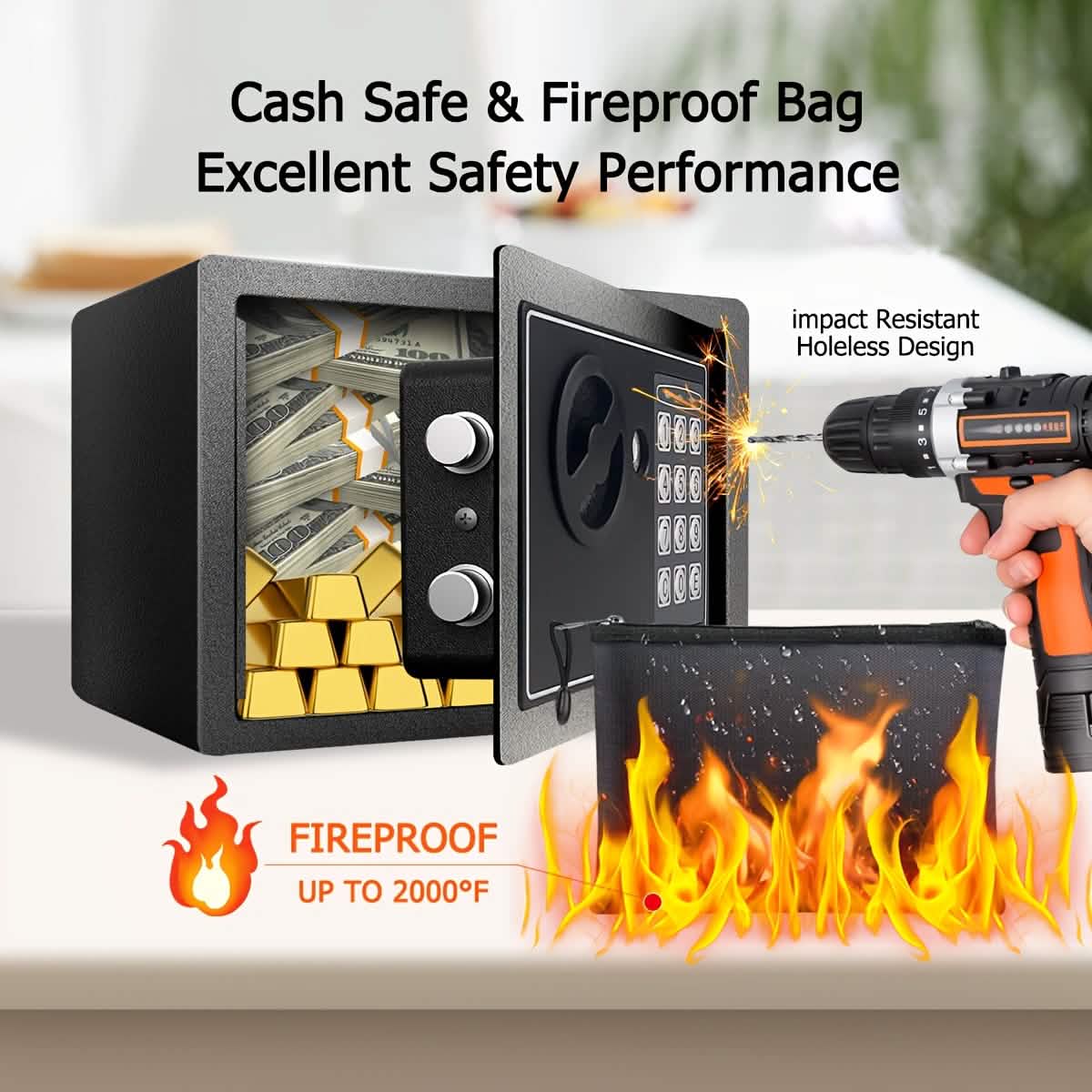 Fireproof Digital Home Safe with Keypad, Sensor Light & Money Bag-Silver - A-1 Thread Vault