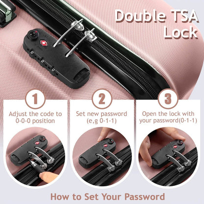 A light pink hardshell suitcase with a integrated black TSA combination lock, featuring three numbered steps on how to set the password using a small tool.