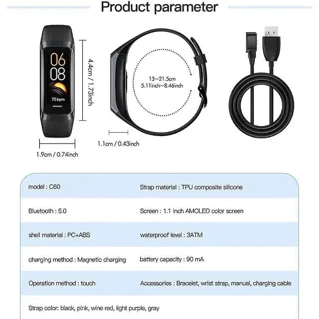C60 Smart Watch 1.1" Fitness Bluetooth Watch - A-1 Thread Vault