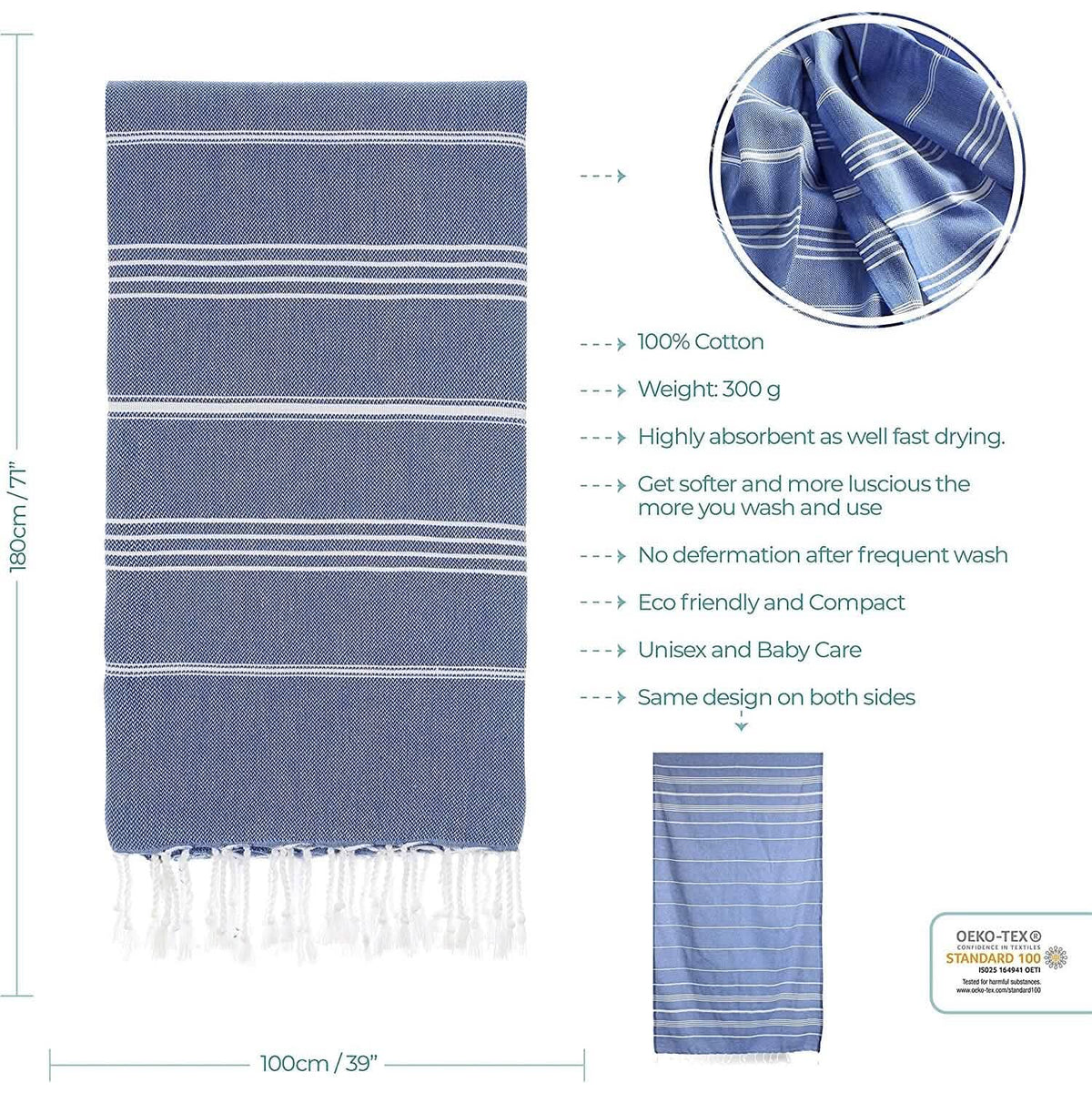 Cacala Pure Series Lightweight 100% Turkish Cotton Super Soft Peshtemal Luxury Bath Towel - A-1 Thread Vault