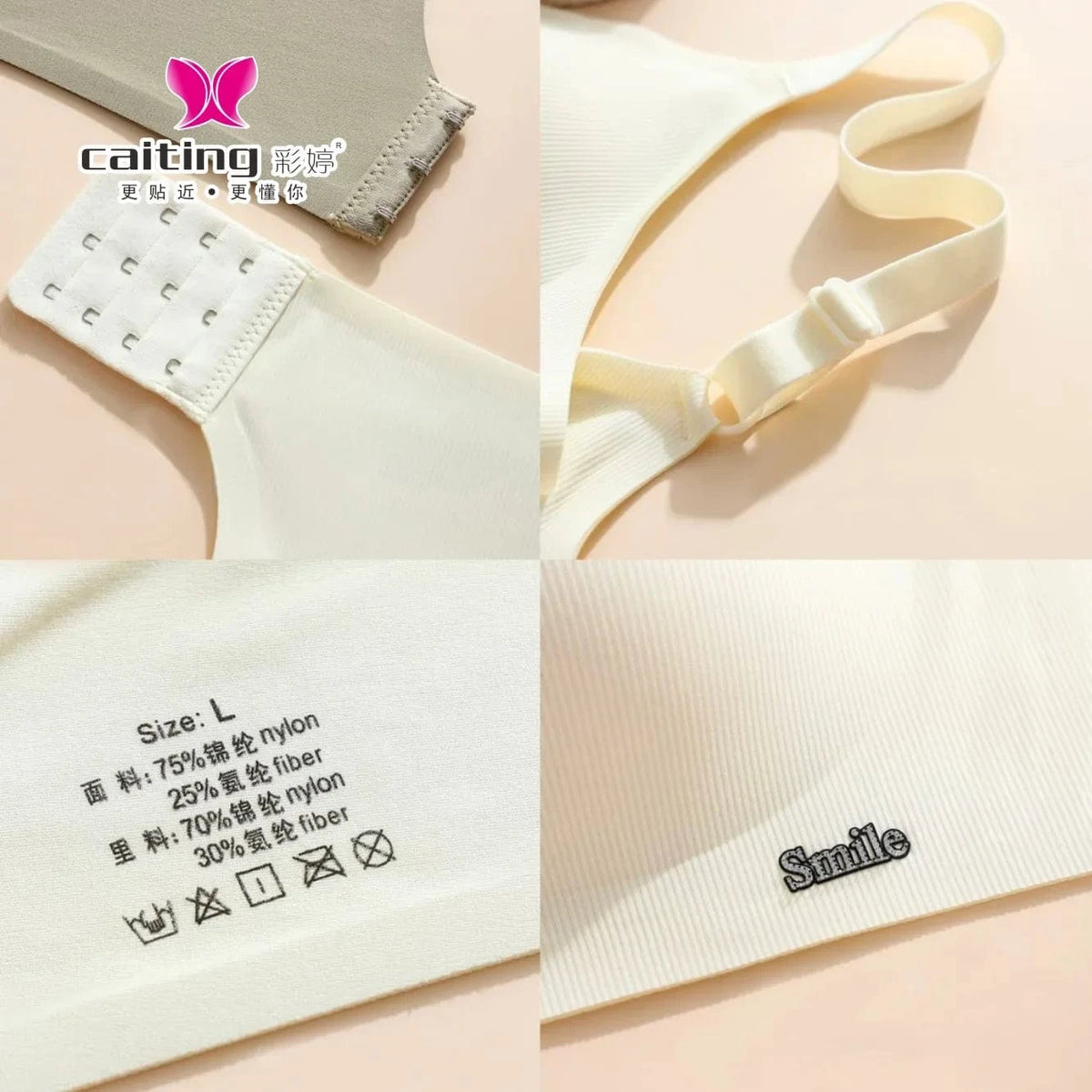 A cream-colored wireless bra shown in a collage of four close-up views featuring the back hook-and-eye closure, adjustable strap, size L label with fabric composition, and a small metal 'Smile' tag on the ribbed fabric.