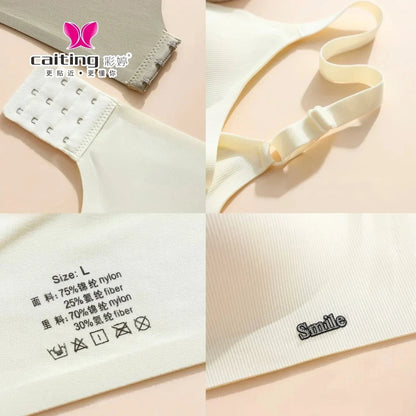 A cream-colored wireless bra shown in a collage of four close-up views featuring the back hook-and-eye closure, adjustable strap, size L label with fabric composition, and a small metal 'Smile' tag on the ribbed fabric.