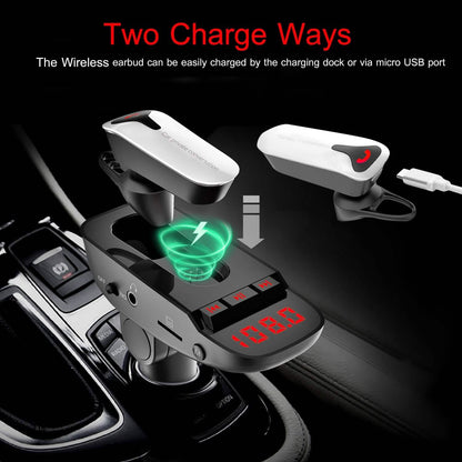 Car FM Transmitter with Wireless Earpiece 2 USB Charge Ports - A-1 Thread Vault