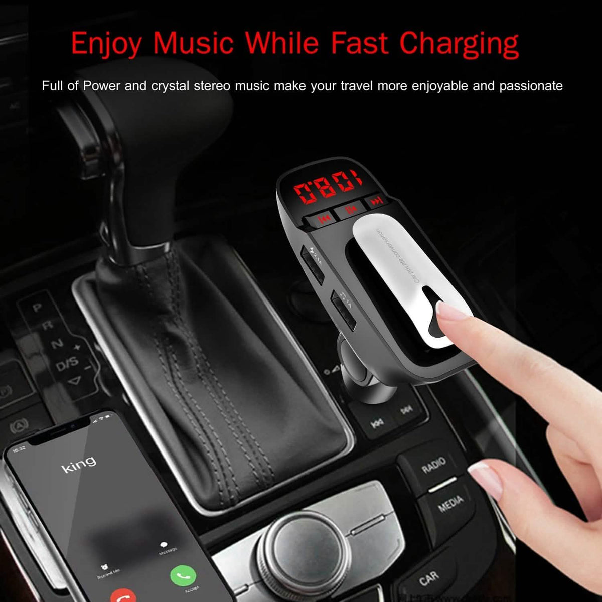 Car FM Transmitter with Wireless Earpiece 2 USB Charge Ports - A-1 Thread Vault