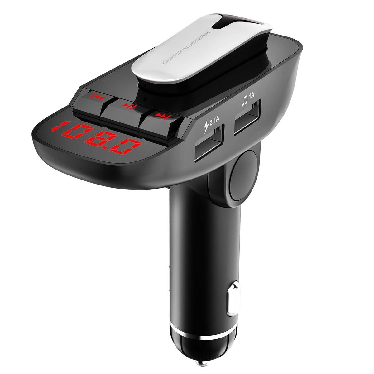 Car FM Transmitter with Wireless Earpiece 2 USB Charge Ports - A-1 Thread Vault