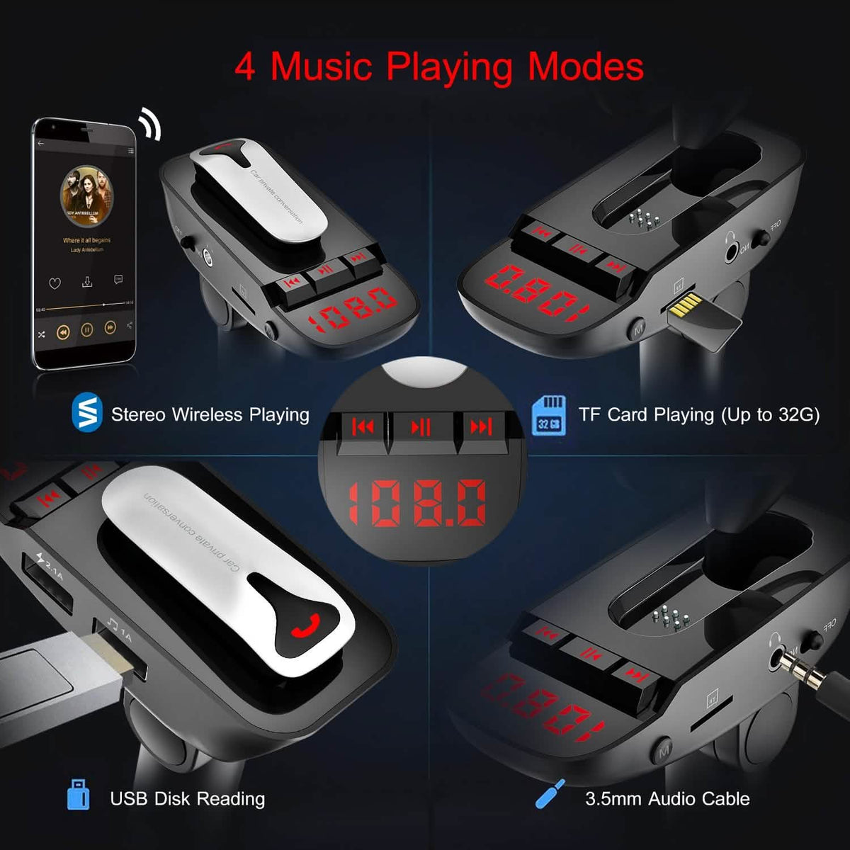 Car FM Transmitter with Wireless Earpiece 2 USB Charge Ports - A-1 Thread Vault