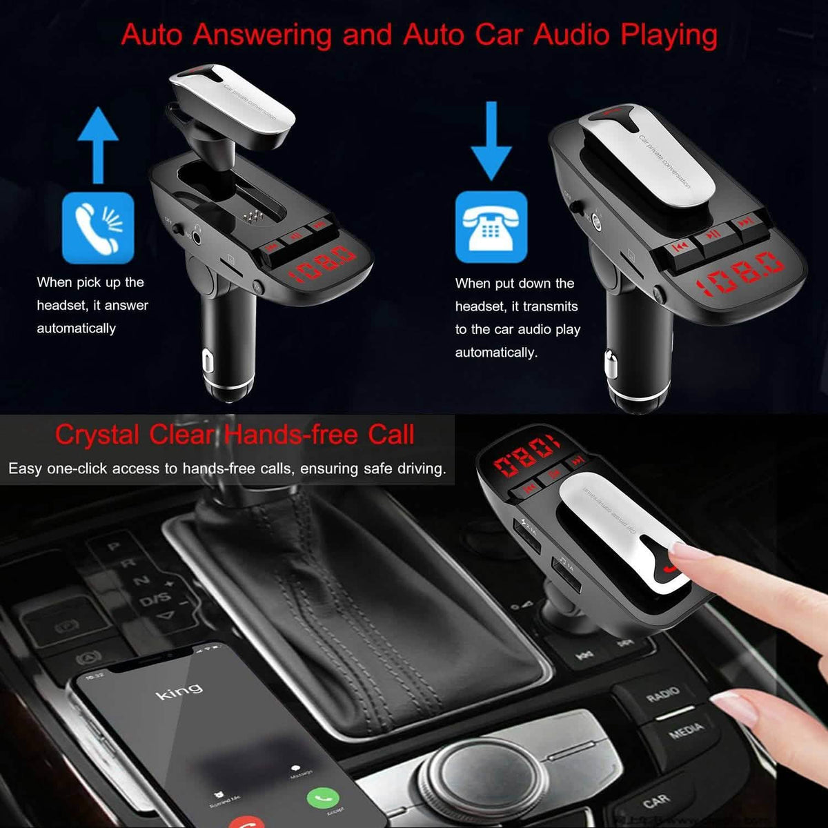 Car FM Transmitter with Wireless Earpiece 2 USB Charge Ports - A-1 Thread Vault