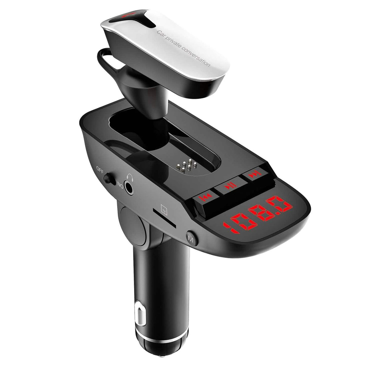 Car FM Transmitter with Wireless Earpiece 2 USB Charge Ports - A-1 Thread Vault