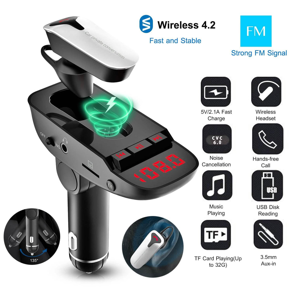 Car FM Transmitter with Wireless Earpiece 2 USB Charge Ports - A-1 Thread Vault
