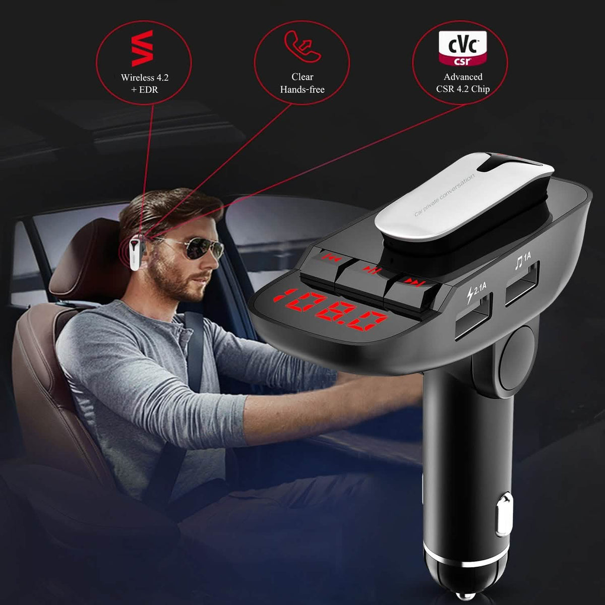 Car FM Transmitter with Wireless Earpiece 2 USB Charge Ports - A-1 Thread Vault