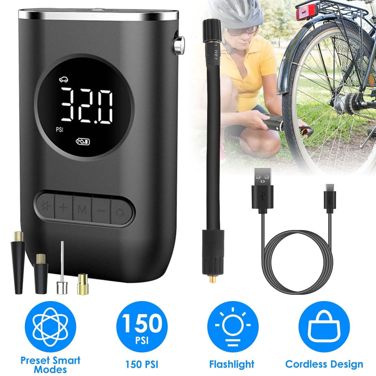 Car Tire Inflator Pump Portable 150 PSI with LED Light - A-1 Thread Vault