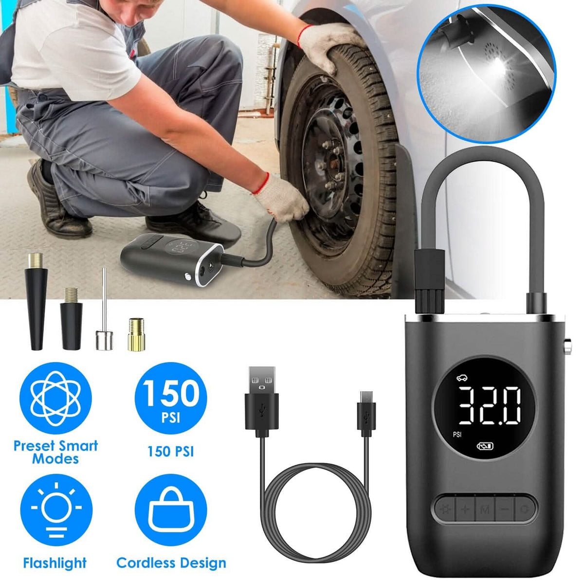 Car Tire Inflator Pump Portable 150 PSI with LED Light - A-1 Thread Vault