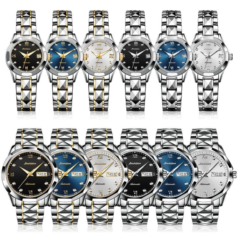 Twelve wristwatches with metallic link bands are displayed in two rows, featuring round faces in black, blue, and white with Roman numeral markers and date displays.