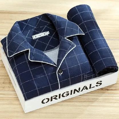 Casual Pure Cotton Men's Sleepwear Long Sleeve Long Pants Two-Piece Set Plaid Striped Simple Wearable Home Clothes - A-1 Thread Vault