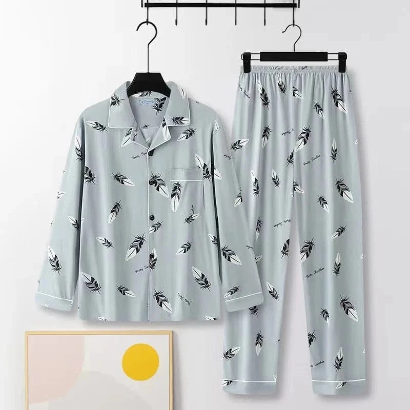 Casual Pure Cotton Men's Sleepwear Long Sleeve Long Pants Two-Piece Set Plaid Striped Simple Wearable Home Clothes - A-1 Thread Vault