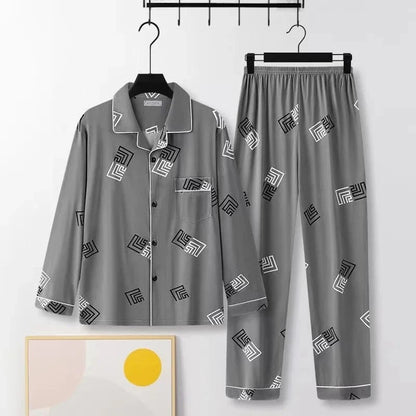 Casual Pure Cotton Men's Sleepwear Long Sleeve Long Pants Two-Piece Set Plaid Striped Simple Wearable Home Clothes - A-1 Thread Vault
