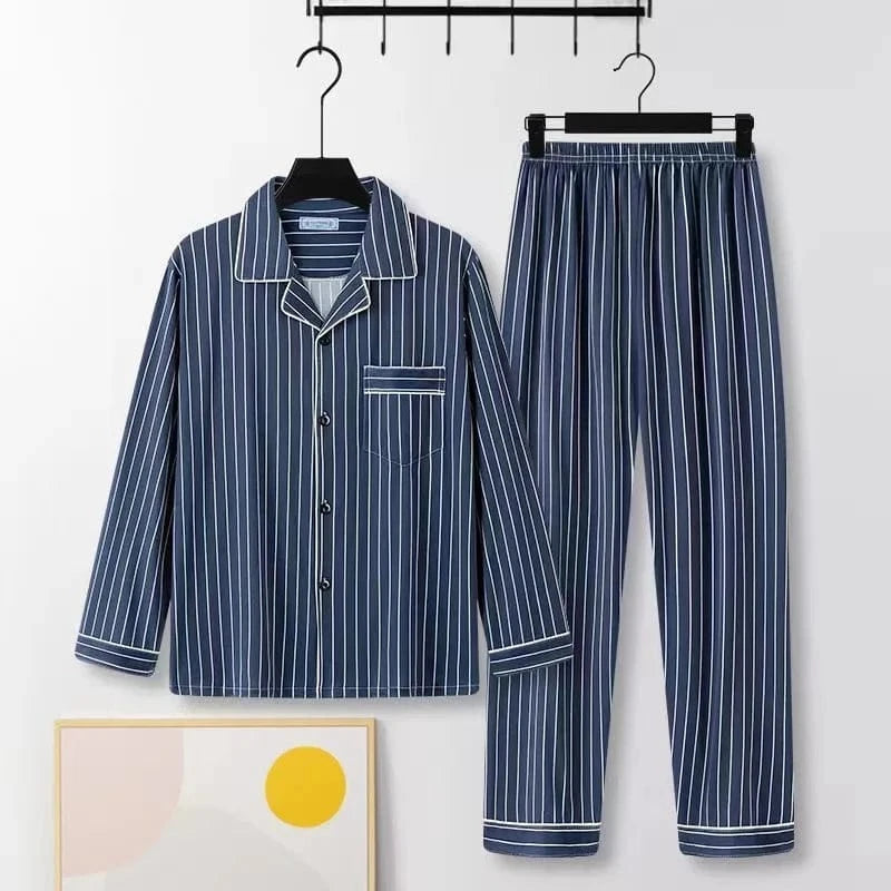 Casual Pure Cotton Men's Sleepwear Long Sleeve Long Pants Two-Piece Set Plaid Striped Simple Wearable Home Clothes - A-1 Thread Vault