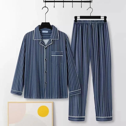 Casual Pure Cotton Men's Sleepwear Long Sleeve Long Pants Two-Piece Set Plaid Striped Simple Wearable Home Clothes - A-1 Thread Vault