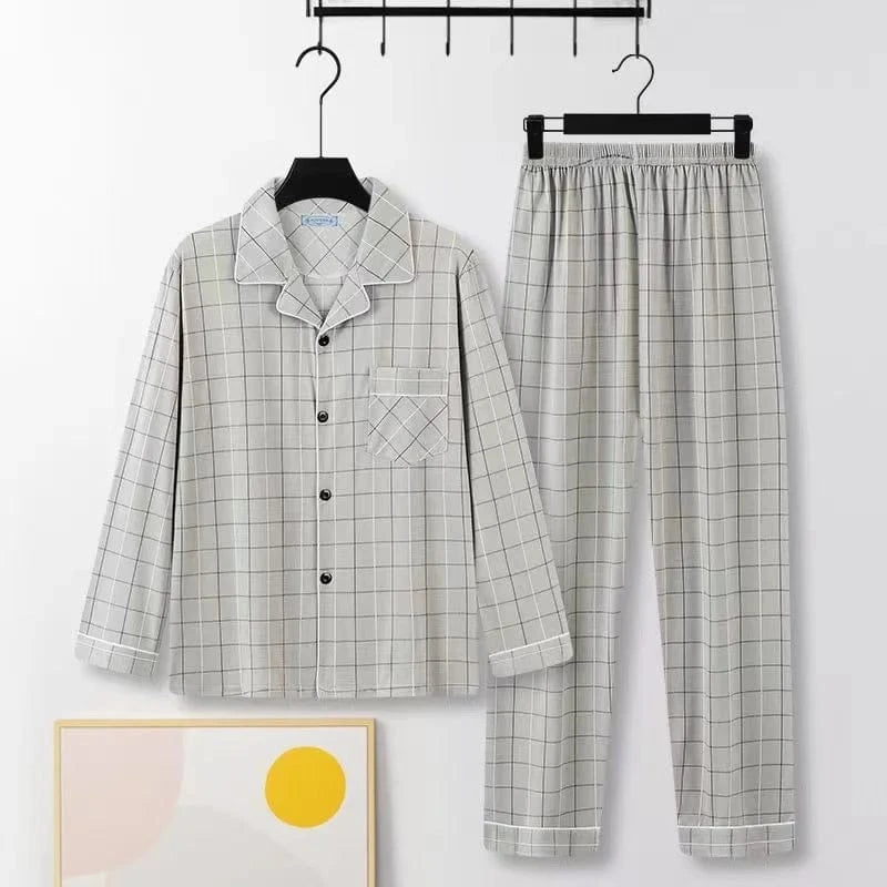 Casual Pure Cotton Men's Sleepwear Long Sleeve Long Pants Two-Piece Set Plaid Striped Simple Wearable Home Clothes - A-1 Thread Vault