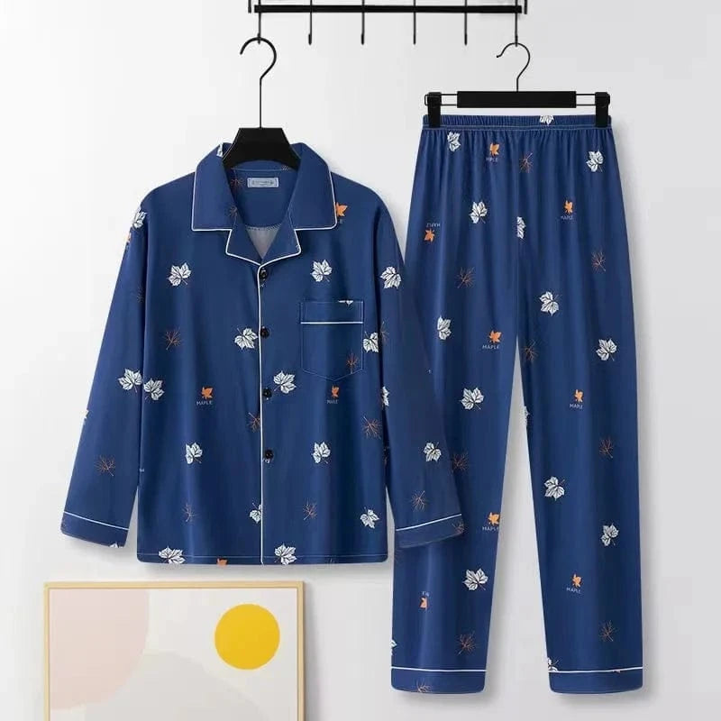 Casual Pure Cotton Men's Sleepwear Long Sleeve Long Pants Two-Piece Set Plaid Striped Simple Wearable Home Clothes - A-1 Thread Vault