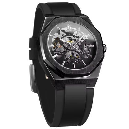 A skeleton watch featuring a black octagonal bezel, a detailed mechanical movement display, and a black silicone strap.