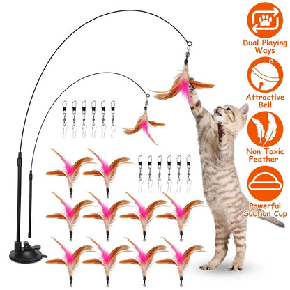 Cat Feather Wand Rod with 12 Pieces Feather Replacements for Cats - A-1 Thread Vault