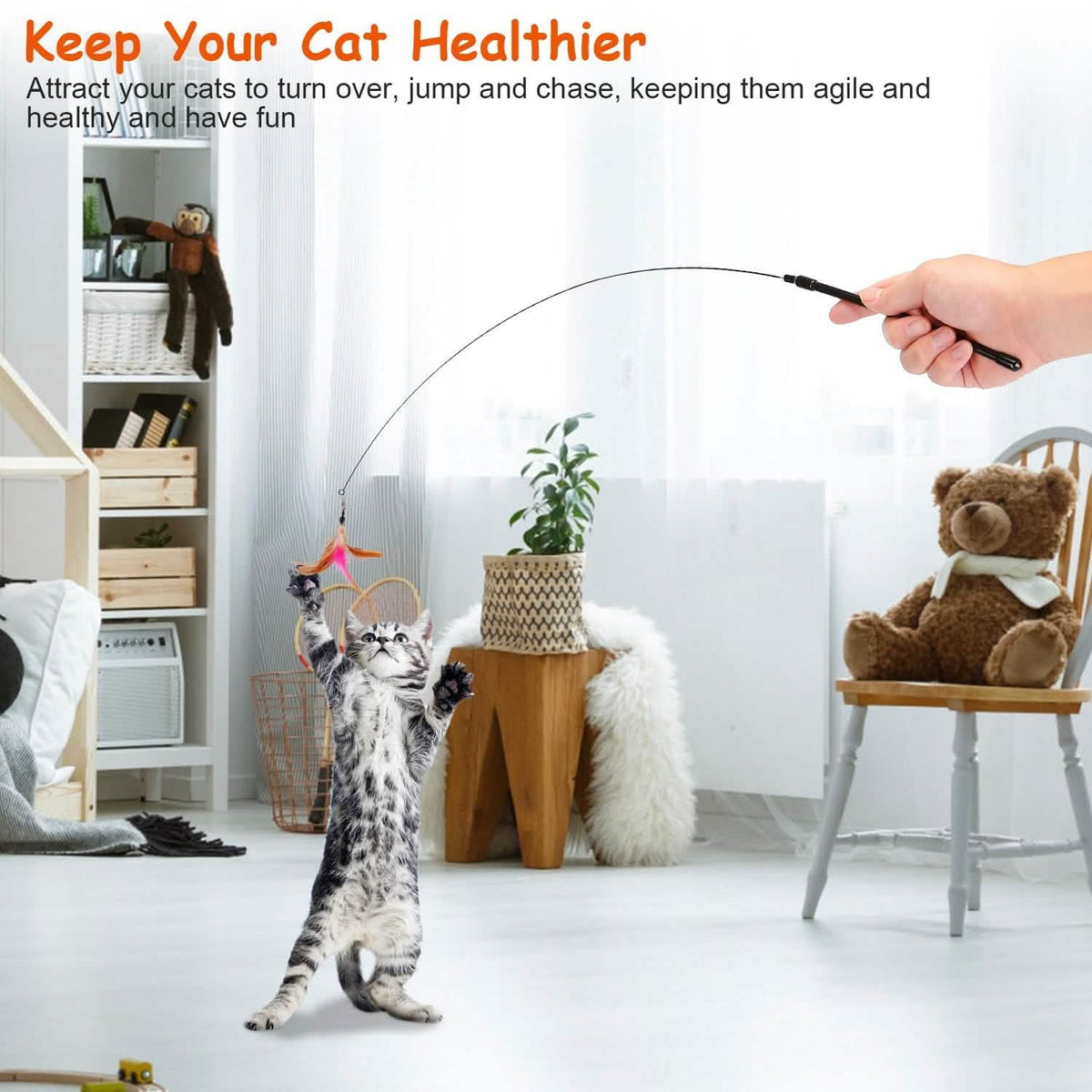 Cat Feather Wand Rod with 12 Pieces Feather Replacements for Cats - A-1 Thread Vault