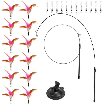 Cat Feather Wand Rod with 12 Pieces Feather Replacements for Cats - A-1 Thread Vault