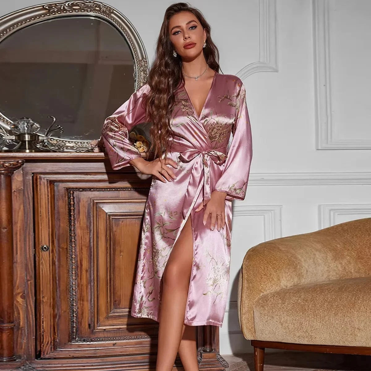 Cherry Print Belted Robe Sexy Satin Elegant Loungewear Four Seasons Breathable Sleepwear for Women - A-1 Thread Vault